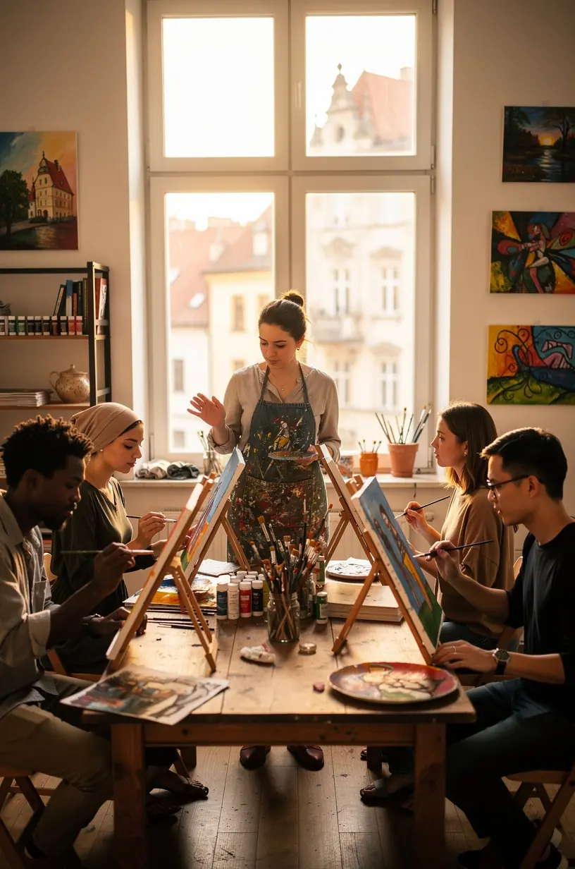 Grupa ludzi podczas warsztatów, ucząca się technik mindfulness w kontekście pracy i stresu.